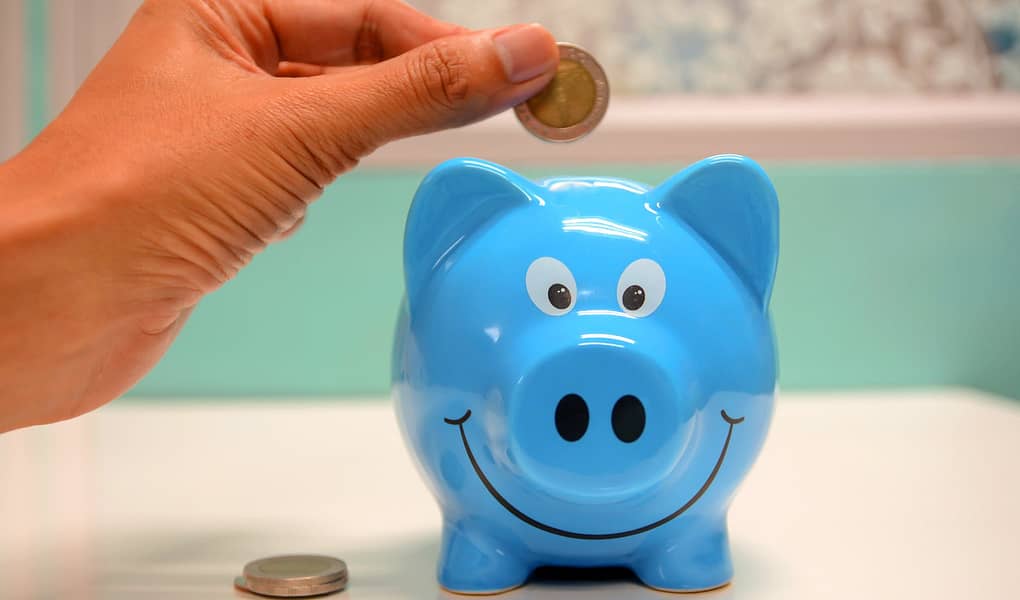 person putting coin in a piggy bank